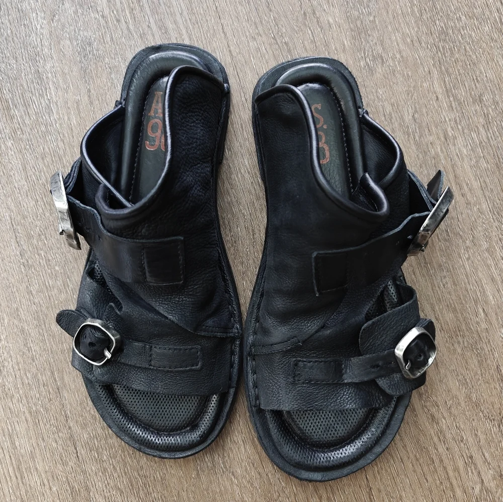 A.S. 98 Tavon Sandals - Black Leather Slide Sandals with Buckle Straps - Picture 3 of 6